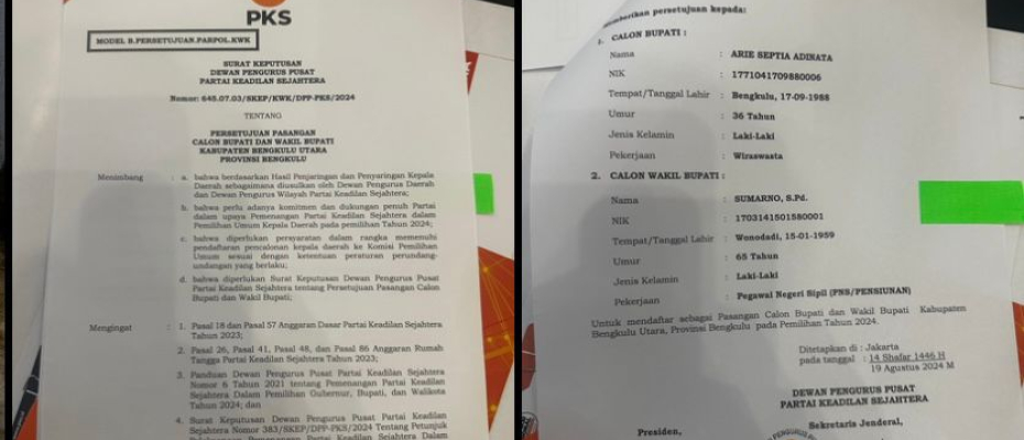 PKS Serahkan B1 KWK ke Arie - Sumarno di Pilkada Bengkulu Utara